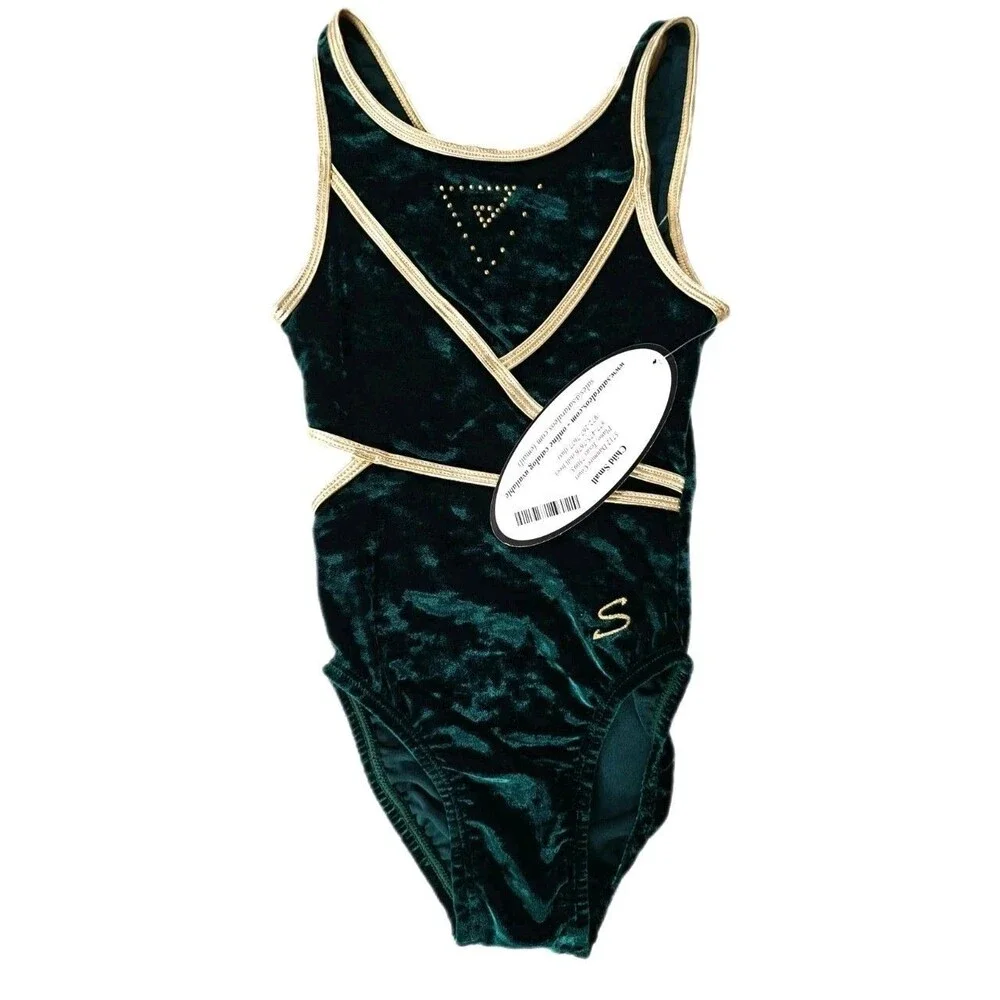 Satara Crushed Velvet Cutout Leotard Green Gold Bling Kids CS Elfcore Fairycore